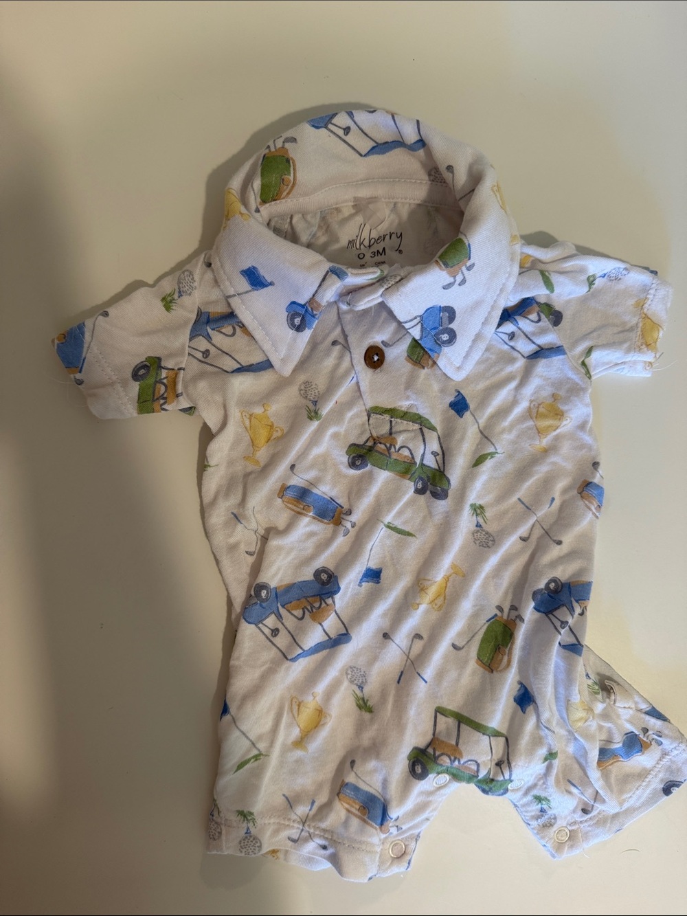 Milkberry White Baby Bamboo Romper with Golf Cart Print